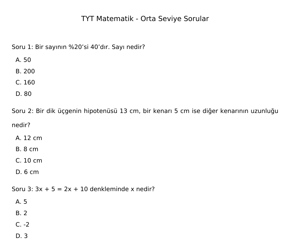 TYT Matematik Çözümlü Orta Seviye Sorular