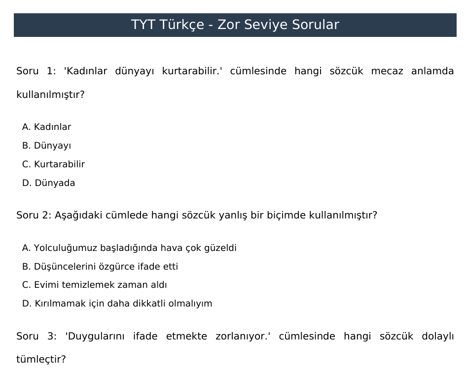 TYT Türkçe Çözümlü Zor Seviye Sorular