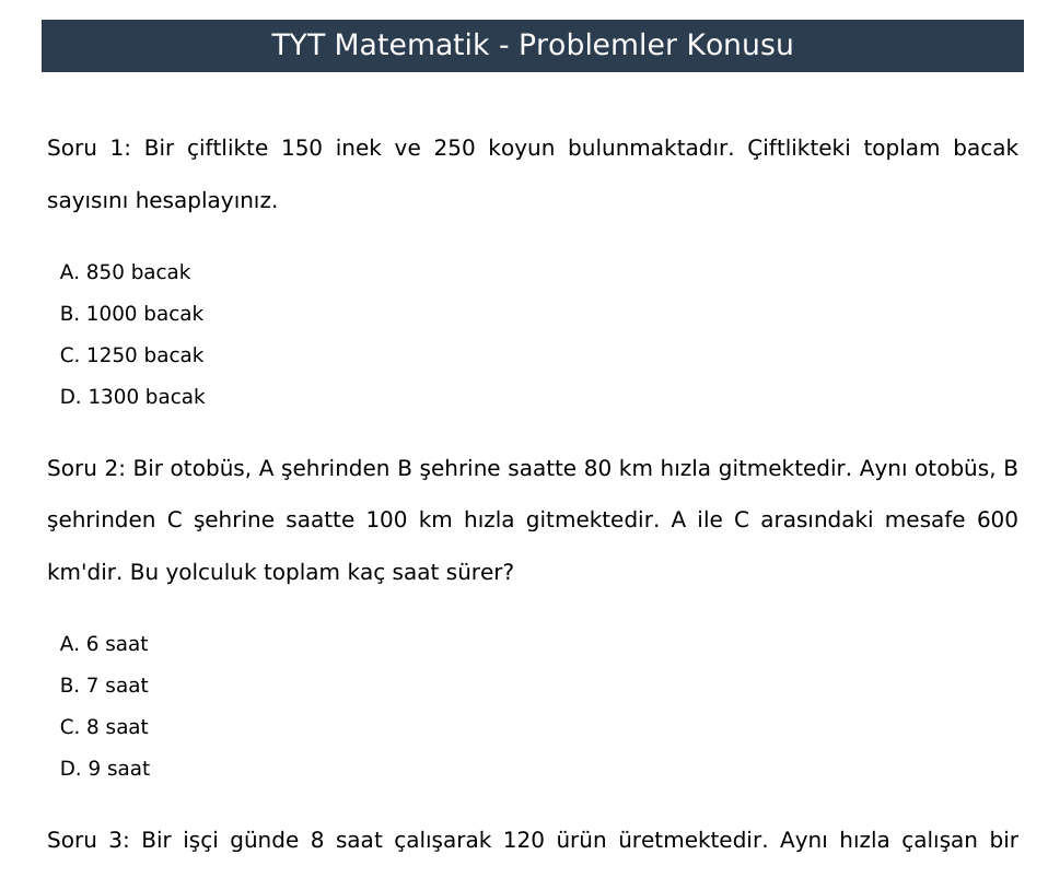 TYT Problemler Çözümlü Orta Seviye Sorular